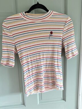Urban Outfitters y2k rainbow Striped Short Sleeve Tee with embroidered Rose